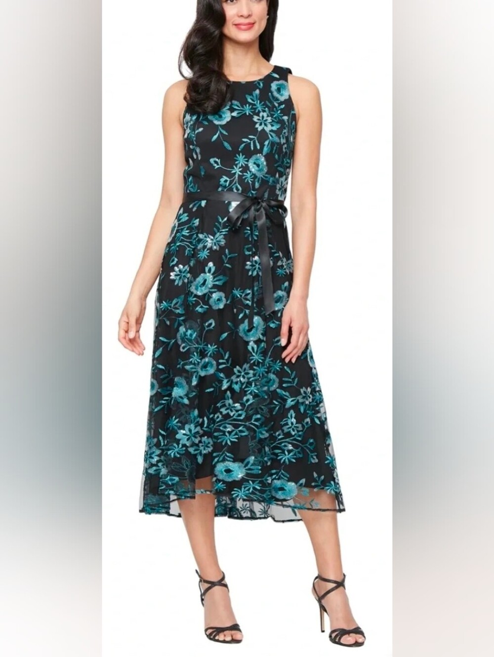 Alex Evenings NWT Blue Teal Floral Embroidered Black Overlay Midi Dress Size 12